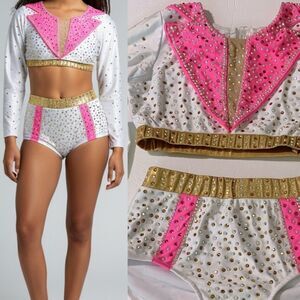 Glamour solo dance costume elvis 2 piece white pink rhinestoned SA-Small adult